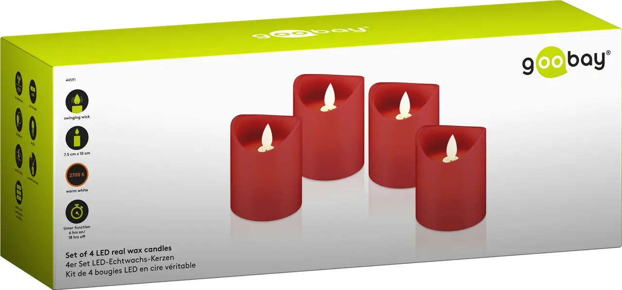 Świeczki LED Goobay czerwone 7,5x10cm ZESTAW 4 sztuki